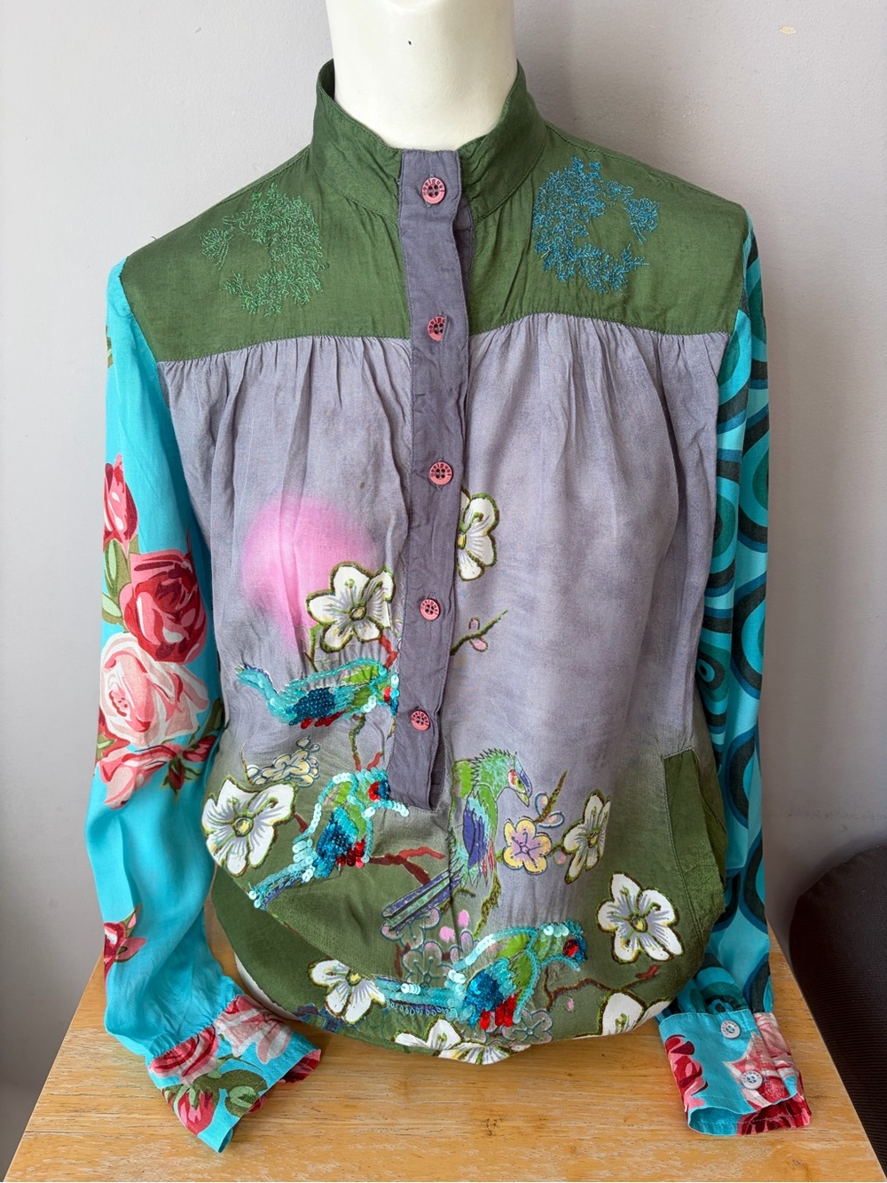 Desigual Floral Sequin Birds High Neck Embroidery 1/4 Buttons Top